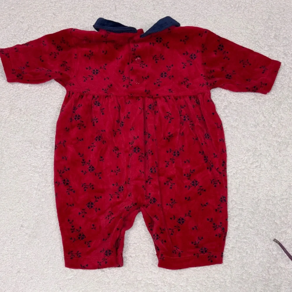 OshKosh B'gosh Red and Navy velour Floral One Piece vintage 0/3m